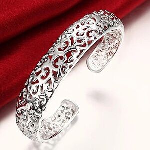Hollow Out Flower Sterling Silver Cuff Bangle Bracelet